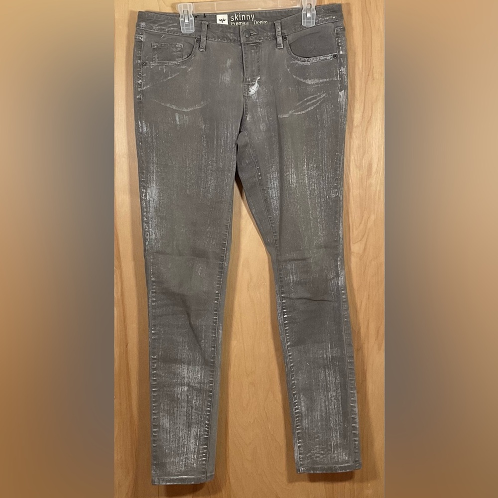 Mossimo Denim Skinny Premium Jeans Taupe/Silver Metallic Painted - EUC